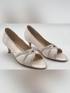XYD Blush Pink Crisscross Crystal Peep-Toe Kitten Heels